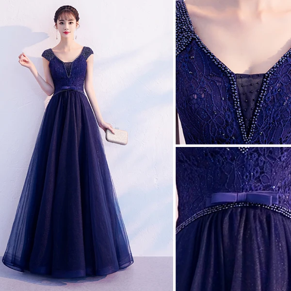 Elegant Navy Blue Evening Dresses 2019 A-Line / Princess V-Neck Beading Flower Lace Bow Sleeveless Backless Floor-Length / Long Formal Dresses