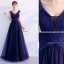 Elegant Navy Blue Evening Dresses  2019 A-Line / Princess V-Neck Beading Flower Lace Bow Sleeveless Backless Floor-Length / Long Formal Dresses