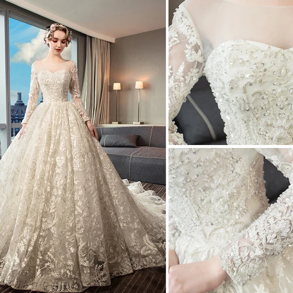 Luxury / Gorgeous Beige Wedding Dresses 2019 A-Line / Princess Scoop Neck Beading Pearl Sequins Lace Flower Long Sleeve Backless Royal Train
