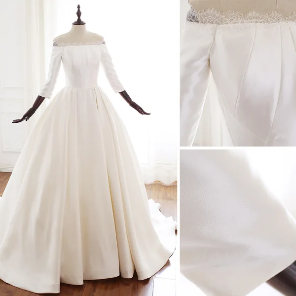 Vintage Elfenben Audrey Hepburn Stil Bröllopsklänningar 2019 Prinsessa Av Axeln 3/4 ärm Halterneck Domstol Tåg
