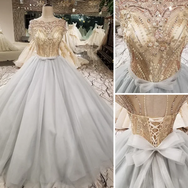 Sparkly Vintage / Retro Grey Handmade Beading Prom Dresses 2019 Ball Gown Scoop Neck Crystal Pearl Sequins Short Sleeve Backless Bow Cathedral Train Formal Dresses