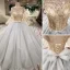 Sparkly Vintage / Retro Grey Handmade  Beading Prom Dresses 2019 Ball Gown Scoop Neck Crystal Pearl Sequins Short Sleeve Backless Bow Cathedral Train Formal Dresses