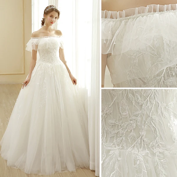 Affordable Ivory Wedding Dresses 2019 A-Line / Princess Off-The-Shoulder Lace Flower Short Sleeve Backless Floor-Length / Long