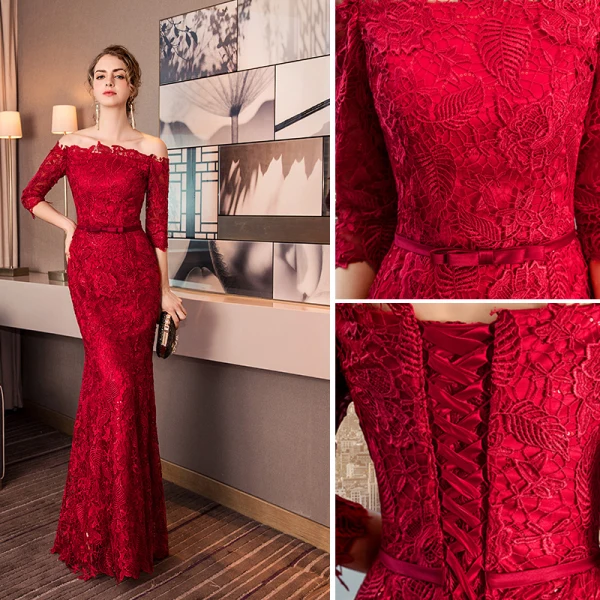 Charmant Bordeaux Robe De Soirée 2019 Trompette / Sirène De l'épaule En Dentelle Fleur Paillettes 1/2 Manches Dos Nu Noeud Longue Robe De Ceremonie