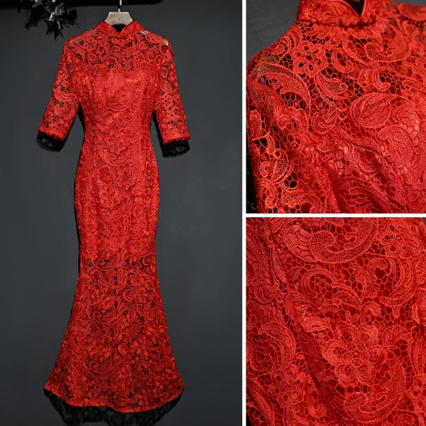 Style Chinois Rouge Robe De Soirée 2019 Trompette / Sirène Col Haut Transparentes Dentelle Fleur 1/2 Manches Longue Robe De Ceremonie