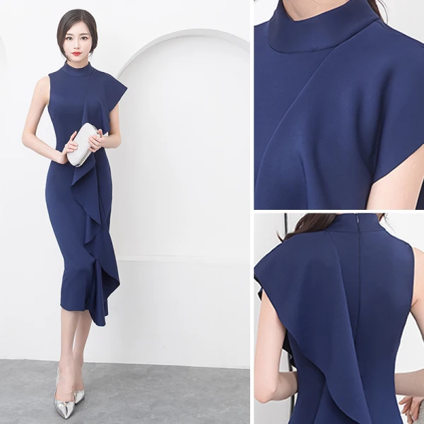 Modern / Fashion Modest / Simple Navy Blue Evening Dresses 2019 Trumpet / Mermaid Scoop Neck Sleeveless Tea-length Formal Dresses
