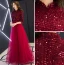 Chinese style Burgundy Evening Dresses  2019 A-Line / Princess High Neck Tassel Sequins Bow 1/2 Sleeves Floor-Length / Long Formal Dresses
