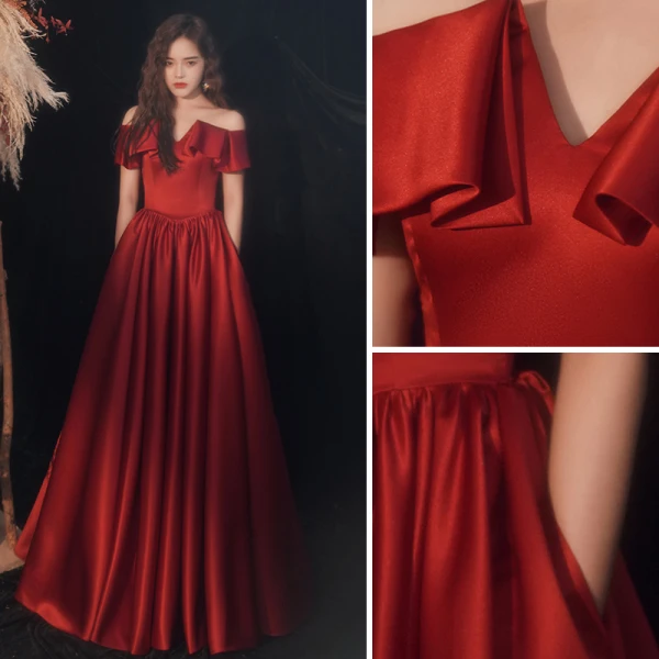Chic / Belle Bordeaux Satin Robe De Bal 2021 Princesse De l'épaule Manches Courtes Dos Nu Longue Robe De Ceremonie