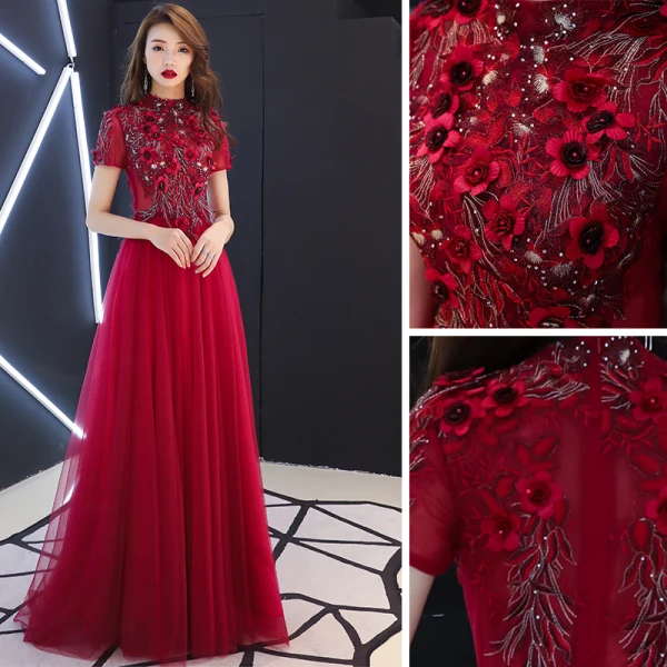 Chic / Belle Bordeaux Robe De Bal 2019 Princesse Encolure Dégagée En Dentelle Fleur Appliques Perle Faux Diamant Manches Courtes Longue Robe De Ceremonie