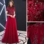 Chic / Belle Bordeaux Robe De Bal 2019 Princesse Encolure Dégagée En Dentelle Fleur Appliques Perle Faux Diamant Manches Courtes Longue Robe De Ceremonie