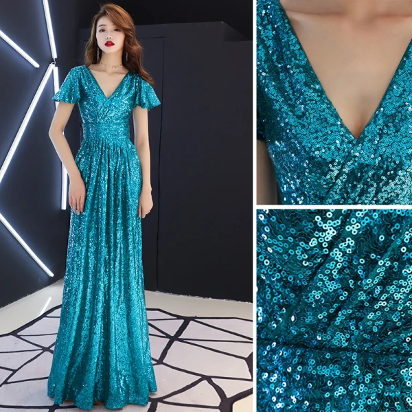 Scintillantes Bleu Marine Paillettes Robe De Soirée 2019 Princesse V-Cou Manches Courtes Dos Nu Longue Robe De Ceremonie