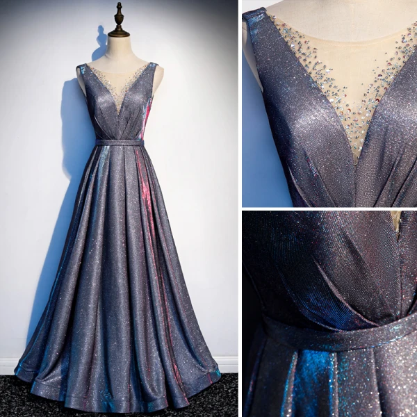 Moderne / Mode Bleu Marine Ciel étoilé Robe De Soirée 2019 Princesse Glitter Polyester Encolure Dégagée Faux Diamant Sans Manches Dos Nu Longue Robe De Ceremonie