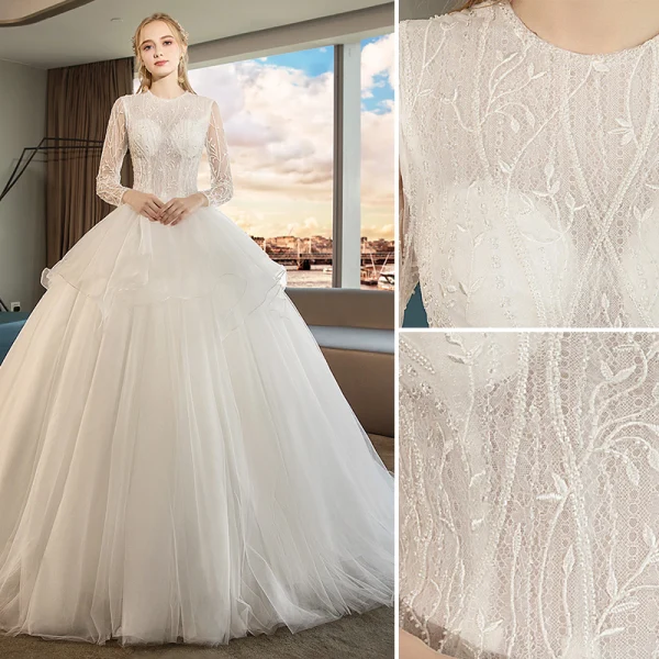 Audrey Hepburn Style Ivory Wedding Dresses 2019 Ball Gown Scoop Neck Beading Lace Flower Pearl Long Sleeve Chapel Train