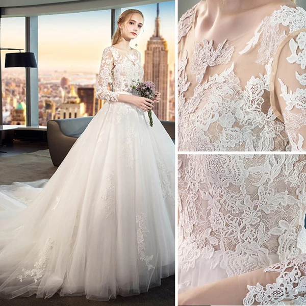 Modest / Simple White Wedding Dresses 2019 A-Line / Princess Scoop Neck See-through Lace Flower 3/4 Sleeve Backless Cathedral Train
