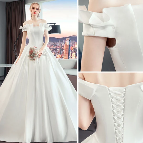 Élégant Simple Ivoire Robe De Mariée 2019 Princesse De l'épaule Manches Courtes Dos Nu Cathedral Train