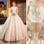 Luxury / Gorgeous Champagne Wedding Dresses 2019 A-Line / Princess Scoop Neck Lace Flower Appliques 3/4 Sleeve Backless Glitter Tulle Royal Train
