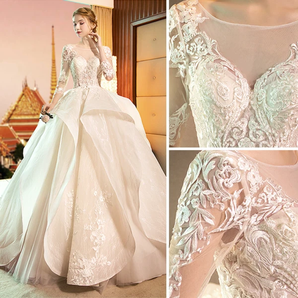 Audrey Hepburn Style Champagne Wedding Dresses 2019 Ball Gown See-through Scoop Neck Lace Appliques 3/4 Sleeve Backless Cascading Ruffles Royal Train