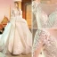 Audrey Hepburn Style Champagne Wedding Dresses 2019 Ball Gown See-through Scoop Neck Lace Appliques 3/4 Sleeve Backless Cascading Ruffles Royal Train