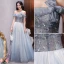 Elegante Silber Star Abendkleider 2018 A Linie Spitze Kristall Perlenstickerei V-Ausschnitt Rückenfreies 1/2 Ärmel Sweep / Pinsel Zug Festliche Kleider