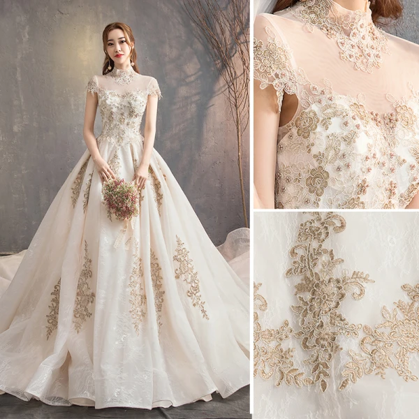 Vintage / Retro Chinese style Champagne Wedding Dresses 2019 A-Line / Princess High Neck Lace Flower Cap Sleeves Backless Royal Train