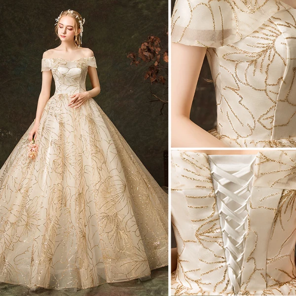 Elegant Champagne Wedding Dresses 2019 A-Line / Princess Off-The-Shoulder Glitter Embroidered Short Sleeve Backless Royal Train