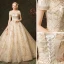 Elegant Champagne Wedding Dresses 2019 A-Line / Princess Off-The-Shoulder Glitter Embroidered Short Sleeve Backless Royal Train