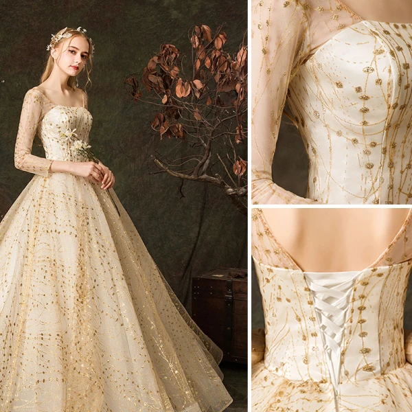 Scintillantes Champagne Robe De Mariée 2019 Princesse Encolure Carrée Glitter Brodé 3/4 Manches Dos Nu Royal Train