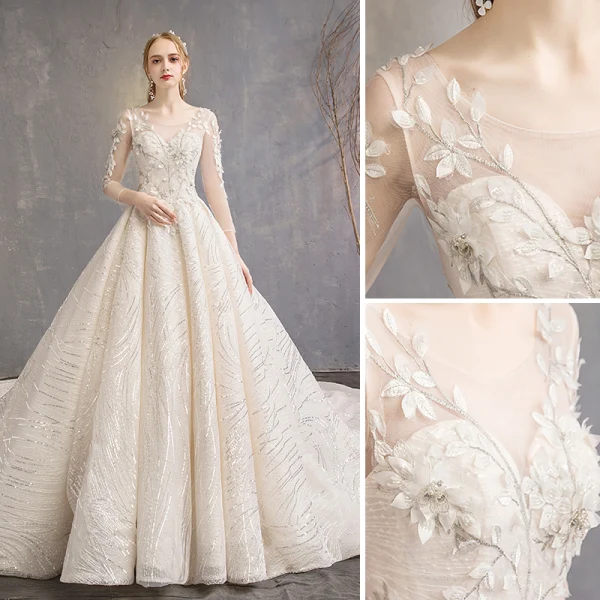 Elegante Champagne Trouwjurken 2019 A lijn Ronde Hals Appliques Kant Bloem Pailletten 3/4 Mouwen Ruglooze Royal Train