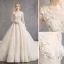 Elegante Champagne Trouwjurken 2019 A lijn Ronde Hals Appliques Kant Bloem Pailletten 3/4 Mouwen Ruglooze Royal Train