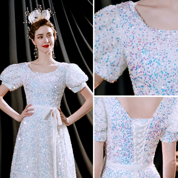 Scintillantes Blanche Robe De Soirée 2021 Princesse Encolure Dégagée Paillettes Manches Courtes Dos Nu Longue Robe De Ceremonie