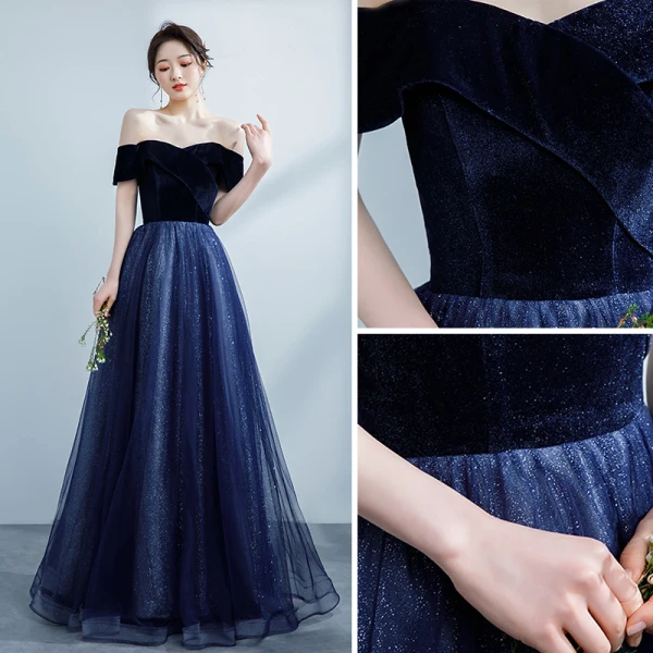 Modest / Simple Navy Blue Prom Dresses 2021 A-Line / Princess Suede Off-The-Shoulder Glitter Short Sleeve Backless Floor-Length / Long Formal Dresses