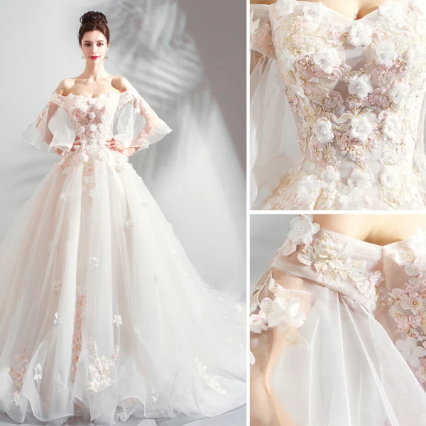 Charming Champagne Wedding Dresses 2019 A-Line / Princess Off-The-Shoulder Appliques Embroidered Pearl 3/4 Sleeve Backless Cathedral Train