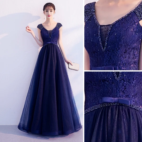 Chic / Beautiful Navy Blue Evening Dresses  2019 A-Line / Princess V-Neck Beading Lace Flower Bow Sleeveless Backless Floor-Length / Long Formal Dresses