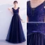 Chic / Beautiful Navy Blue Evening Dresses  2019 A-Line / Princess V-Neck Beading Lace Flower Bow Sleeveless Backless Floor-Length / Long Formal Dresses