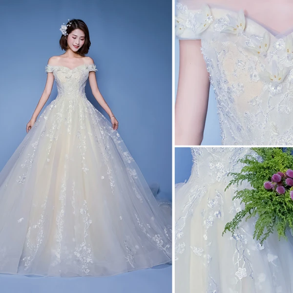 Charming Champagne Wedding Dresses 2019 A-Line / Princess Off-The-Shoulder Beading Appliques Lace Flower Short Sleeve Backless Royal Train