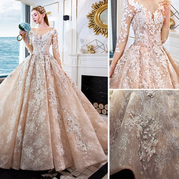 Luxury / Gorgeous Champagne Handmade Beading Wedding Dresses 2019 A-Line / Princess Scoop Neck Appliques Lace Crystal 3/4 Sleeve Backless Royal Train