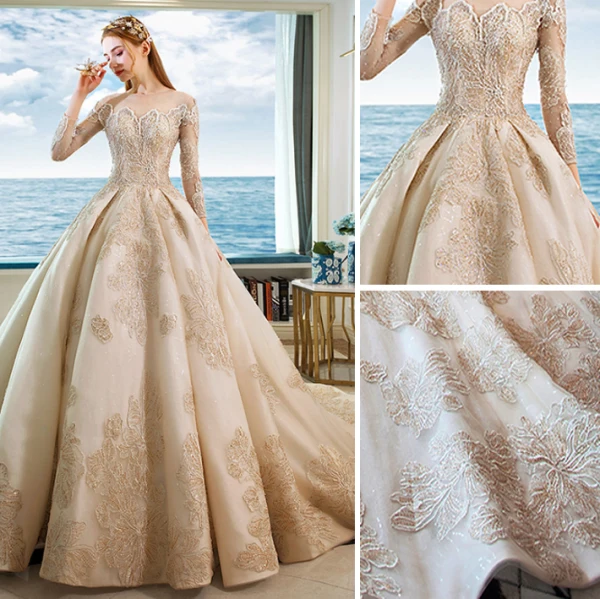 Luxe Champagne Robe De Mariée 2019 Robe Boule Encolure Dégagée En Dentelle Fleur Paillettes 3/4 Manches Royal Train