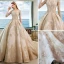 Luxe Champagne Robe De Mariée 2019 Robe Boule Encolure Dégagée En Dentelle Fleur Paillettes 3/4 Manches Royal Train