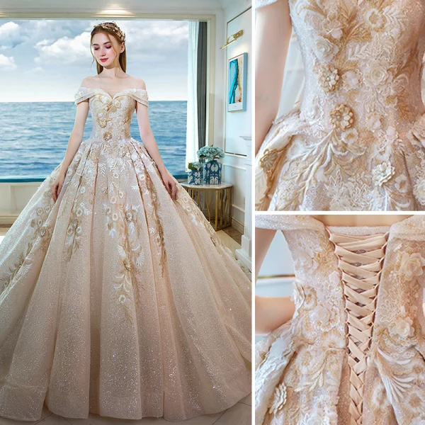 Luxury / Gorgeous Champagne Glitter Tulle Wedding Dresses 2019 A-Line / Princess Off-The-Shoulder Lace Embroidered Backless Royal Train