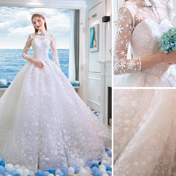 Chinese style Ivory Beading Wedding Dresses 2019 A-Line / Princess High Neck Bow Pearl Lace Flower Rhinestone Tassel Sequins 3/4 Sleeve Royal Train