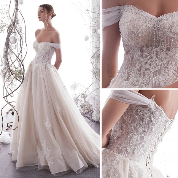 Sexy Champagne Wedding Dresses 2019 A-Line / Princess Off-The-Shoulder Lace Flower Sequins Sleeveless Backless Floor-Length / Long