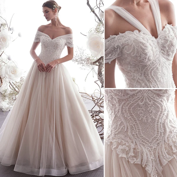 Elegant Champagne Wedding Dresses 2019 A-Line / Princess Off-The-Shoulder Beading Lace Flower Short Sleeve Backless Floor-Length / Long