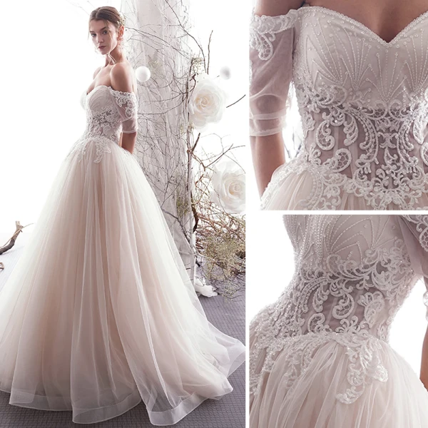Charming Champagne Wedding Dresses 2019 A-Line / Princess Off-The-Shoulder Beading Lace Flower Short Sleeve Backless Floor-Length / Long