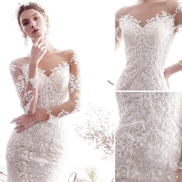 Charmant Ivoire Robe De Mariée 2019 Trompette / Sirène Transparentes Encolure Dégagée Perlage En Dentelle Fleur 3/4 Manches Chapel Train