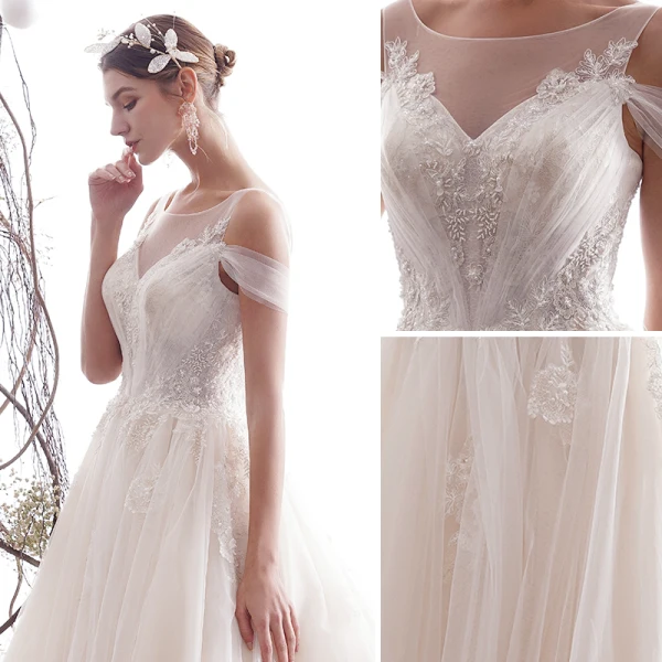 Élégant Champagne Robe De Mariée 2019 Princesse Encolure Dégagée Perlage En Dentelle Fleur Sans Manches Dos Nu Cathedral Train