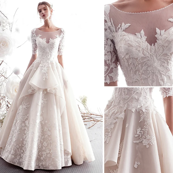 Luxury / Gorgeous Champagne Wedding Dresses 2019 A-Line / Princess Scoop Neck Beading Lace Flower 1/2 Sleeves Backless Floor-Length / Long