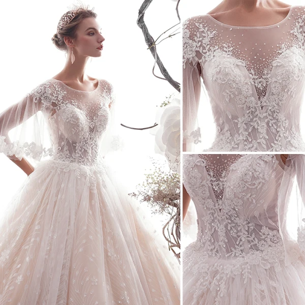 Elegant Champagne Wedding Dresses 2019 A-Line / Princess Short Sleeve Beading Lace Flower Scoop Neck Backless Floor-Length / Long