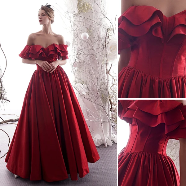 Elegante Burgunderrot Abendkleider 2019 A Linie Off Shoulder Rüschen Kurze Ärmel Rückenfreies Lange Festliche Kleider