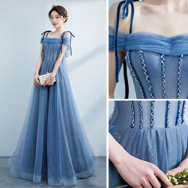 Chic / Belle Bleu Ciel Robe De Bal 2021 Princesse Bretelles Spaghetti Perlage Noeud Sans Manches Dos Nu Longue Robe De Ceremonie