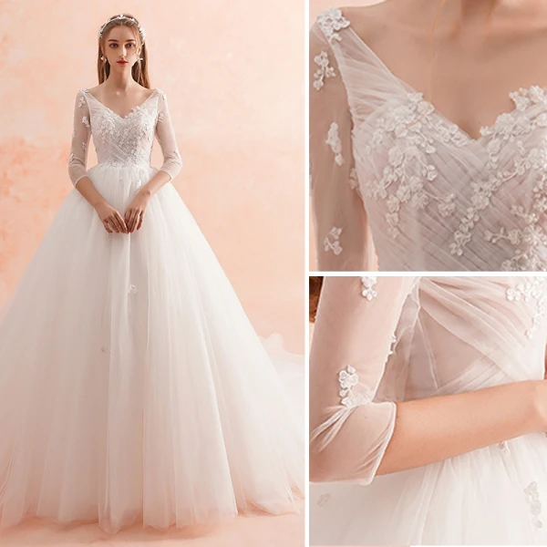 Elegant Ivory Wedding Dresses 2019 A-Line / Princess V-Neck Lace Flower Pearl 3/4 Sleeve Backless Cathedral Train